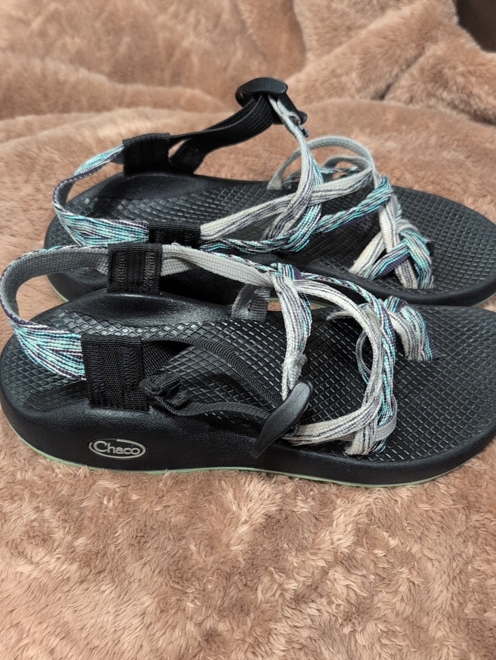 Chaco Black Sandals with Gray and Teal Braided Straps